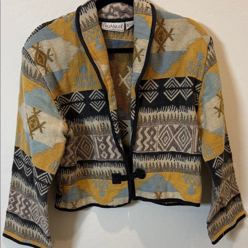 Flashback Cropped Geometric Blazer in Mustard & Light Blue